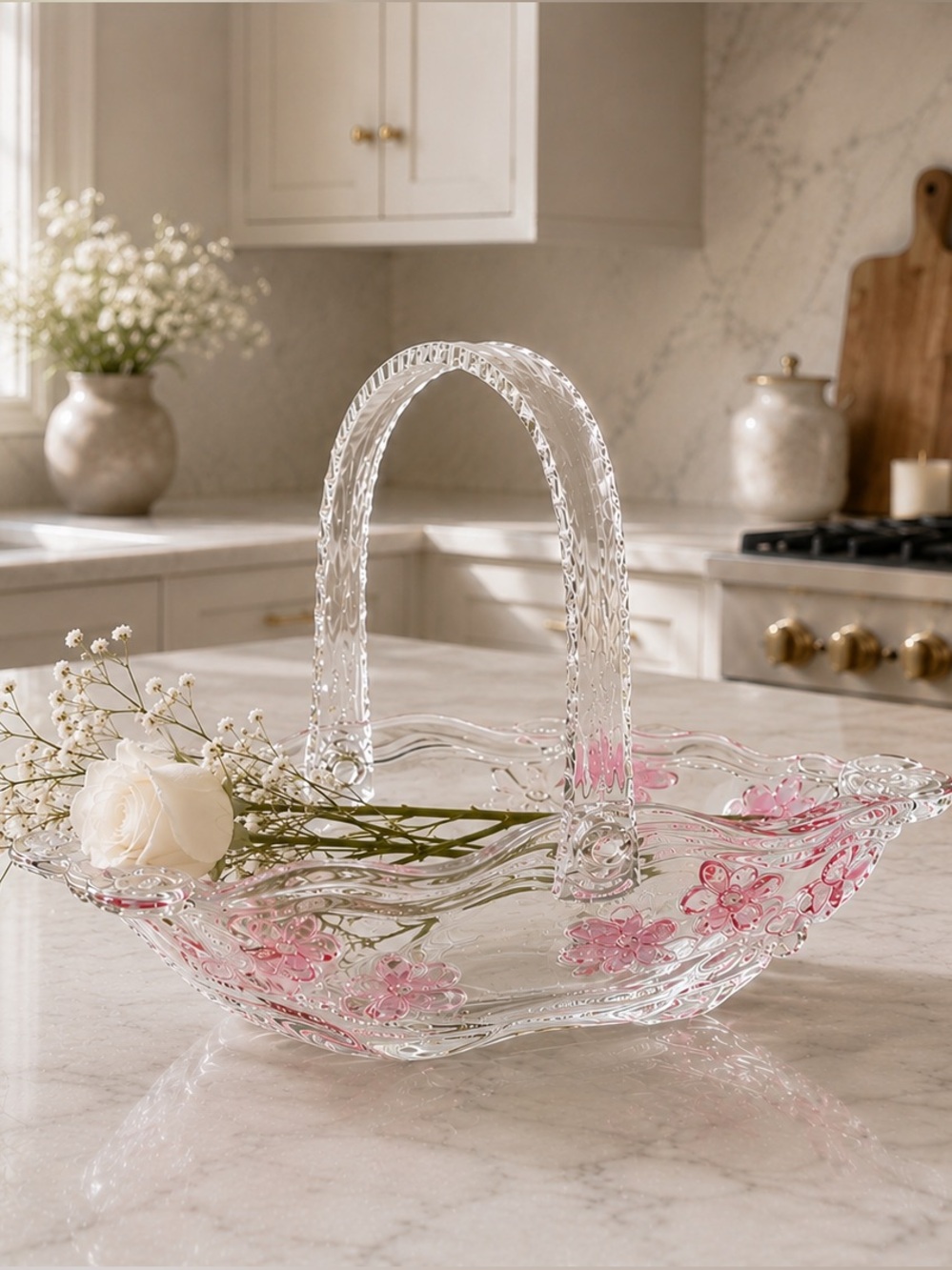 Vintage Mikasa Floral Dance Pink Frost Glass Basket Germany 10" Coquette Floral